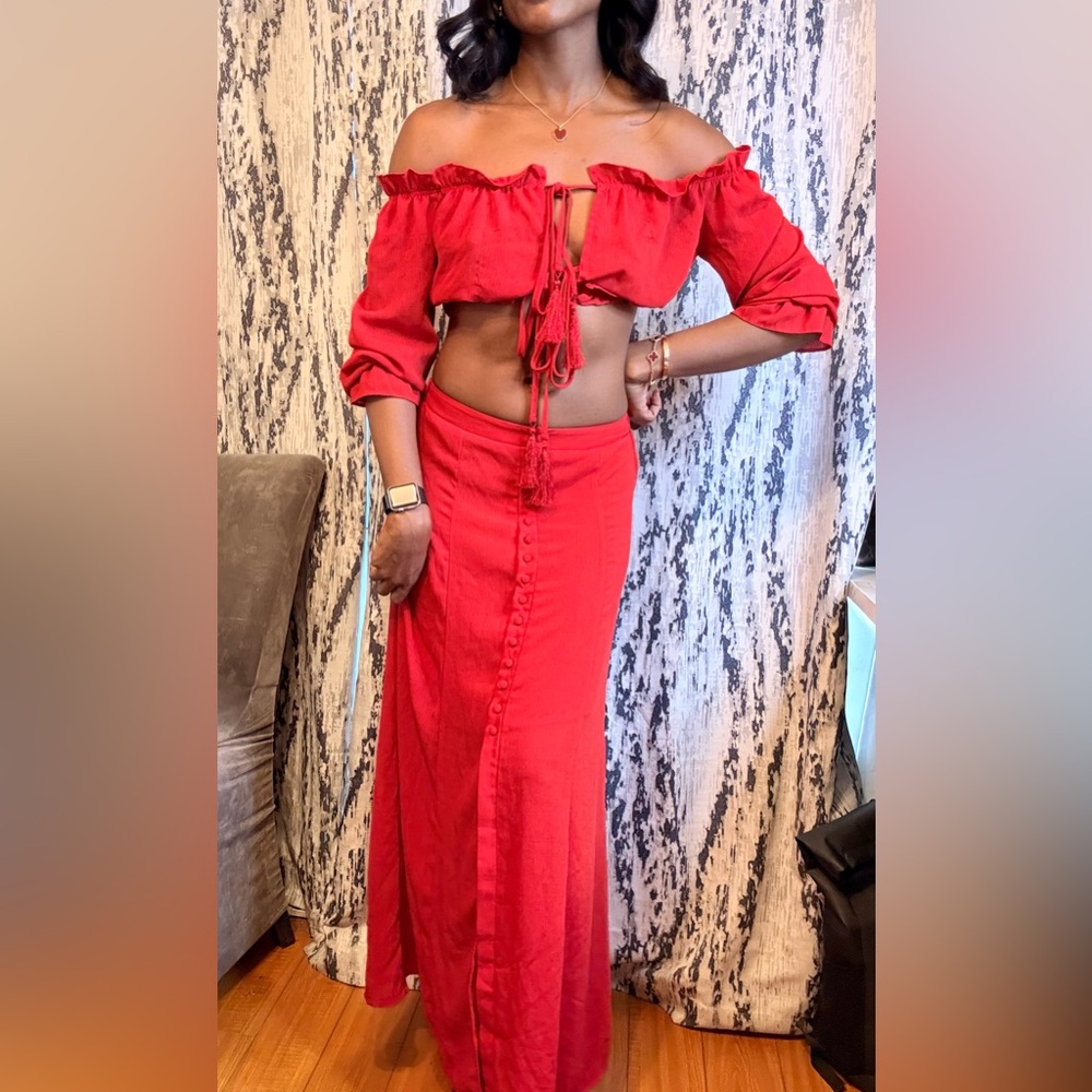 Simple Red Ruffled Smocked Two Piece Set - Picture 2 of 12